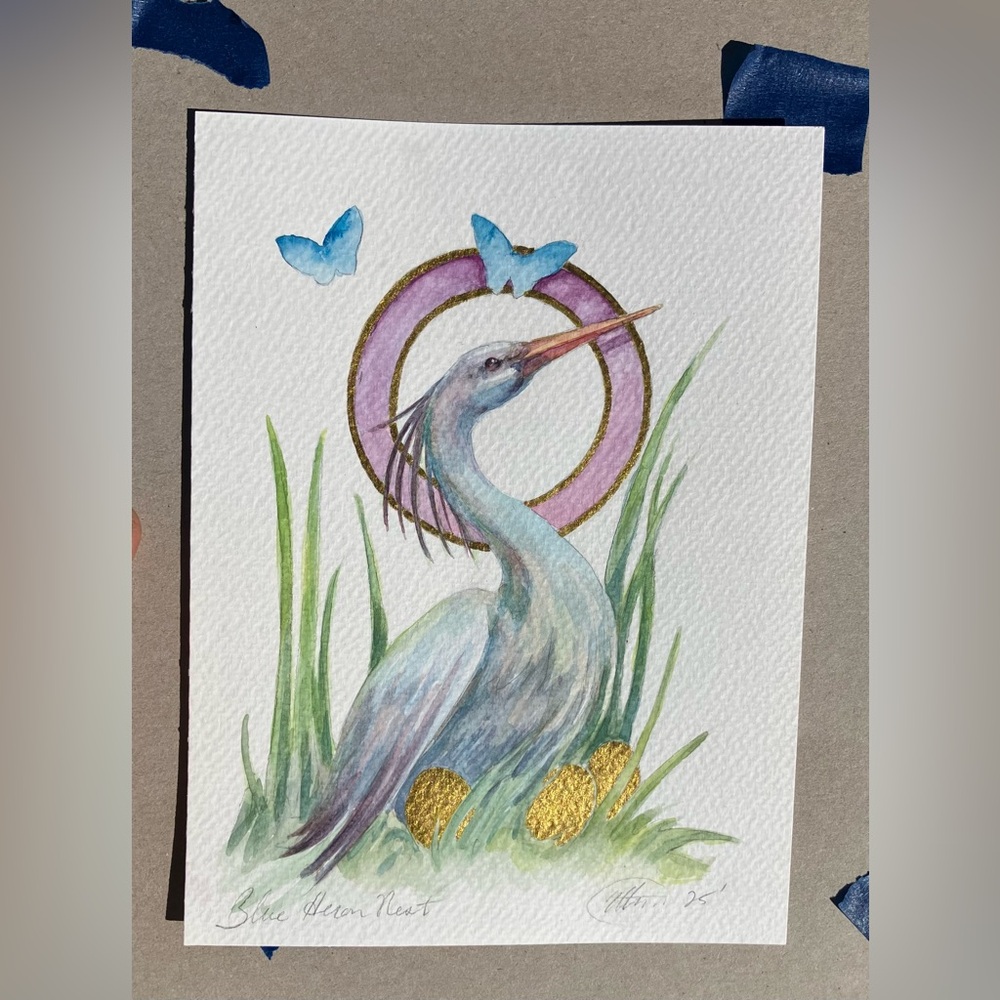 Blue Heron Original painting Art bird Nest surreal nouveau Butterflies artettina
